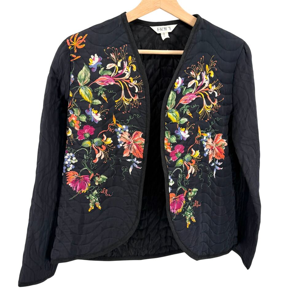 Vintage 90s Bari Black Floral Wearable Art Quilted Open Front Jacket